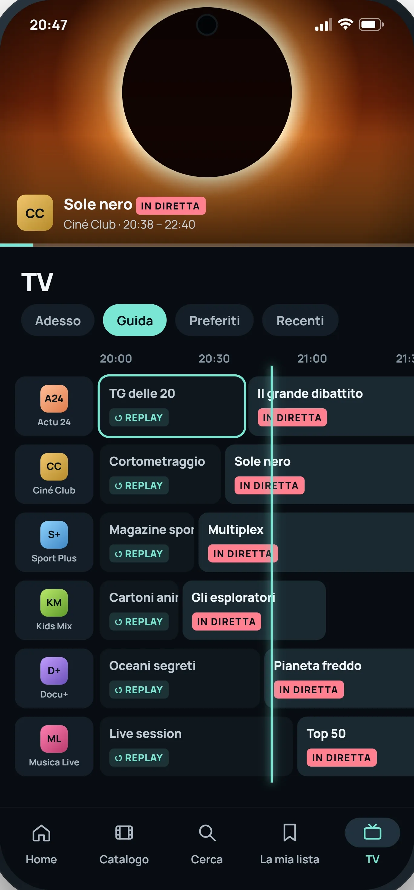 Sul telefono, la TV in diretta con la guida dei programmi