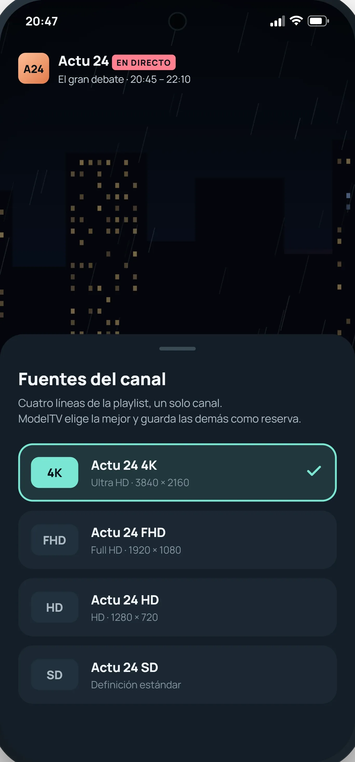 En el teléfono, las fuentes de un canal en 4K, FHD, HD y SD