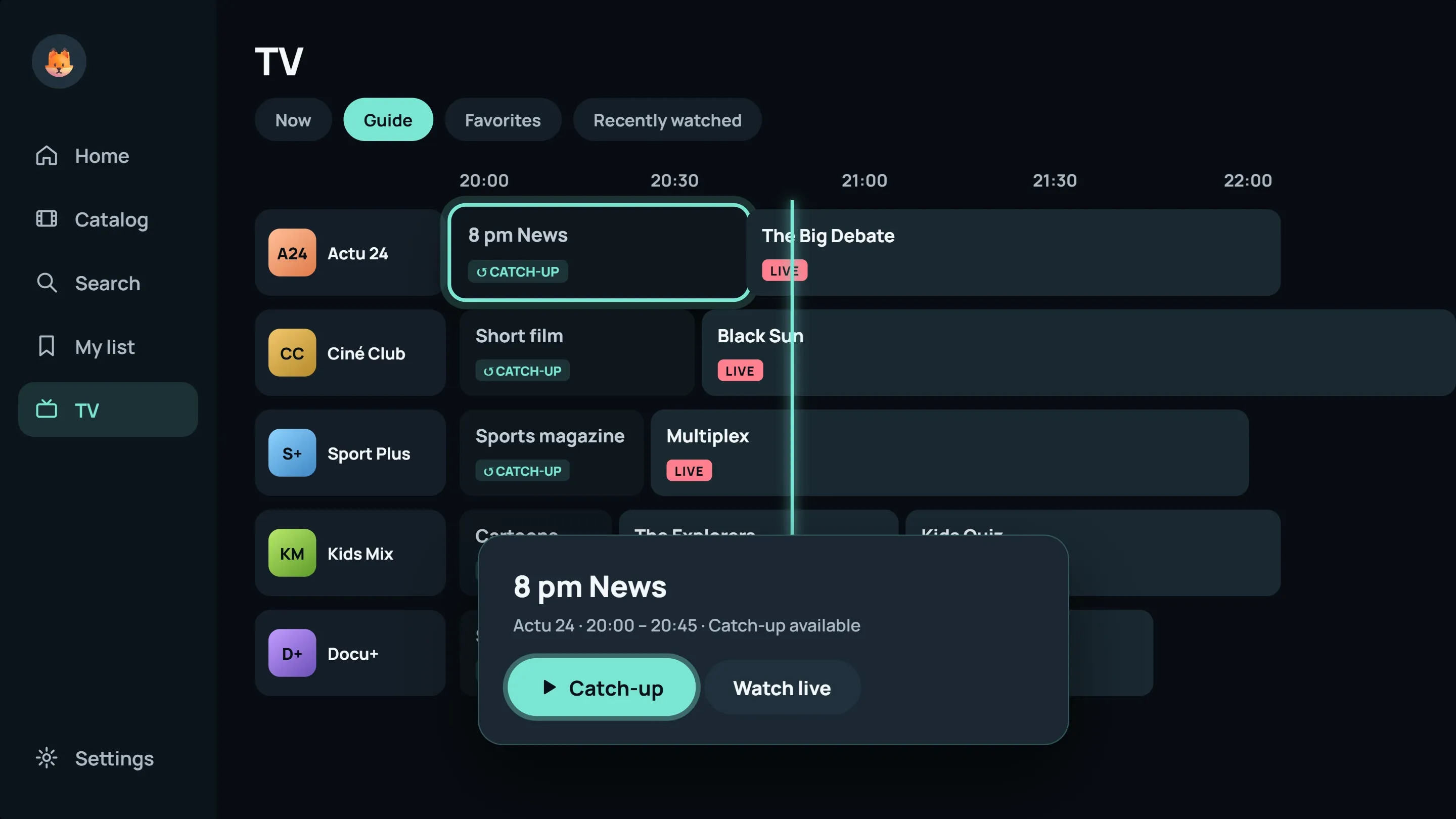 ModelTV TV guide: program grid with Catch-up and Live badges