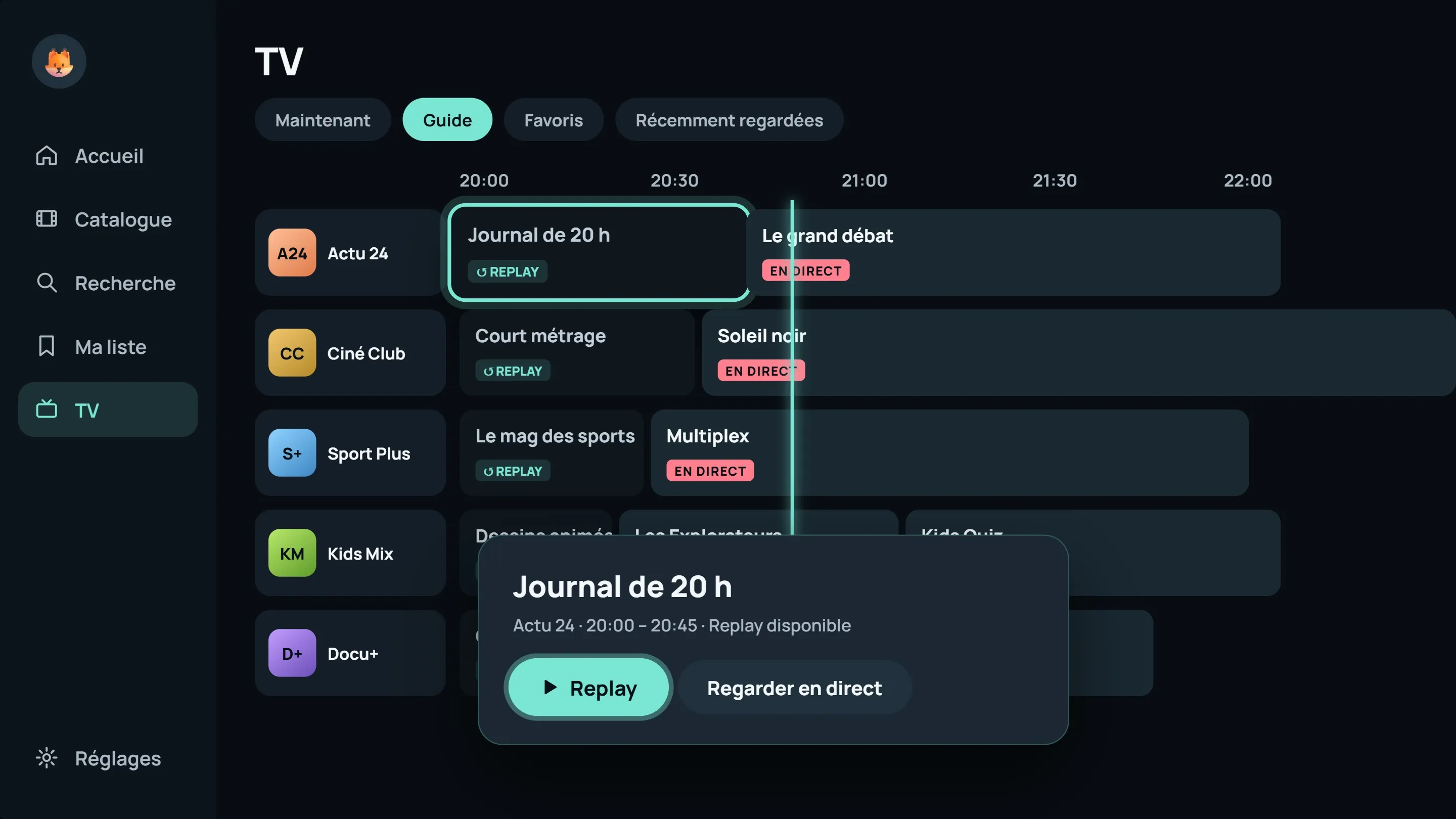 Guide TV de ModelTV : grille des programmes avec badges Replay et En direct