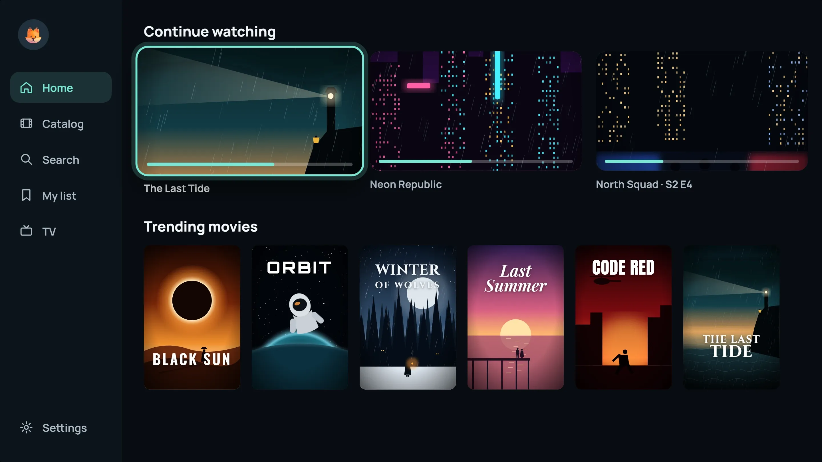 ModelTV home screen on a TV: continue watching and trending movies