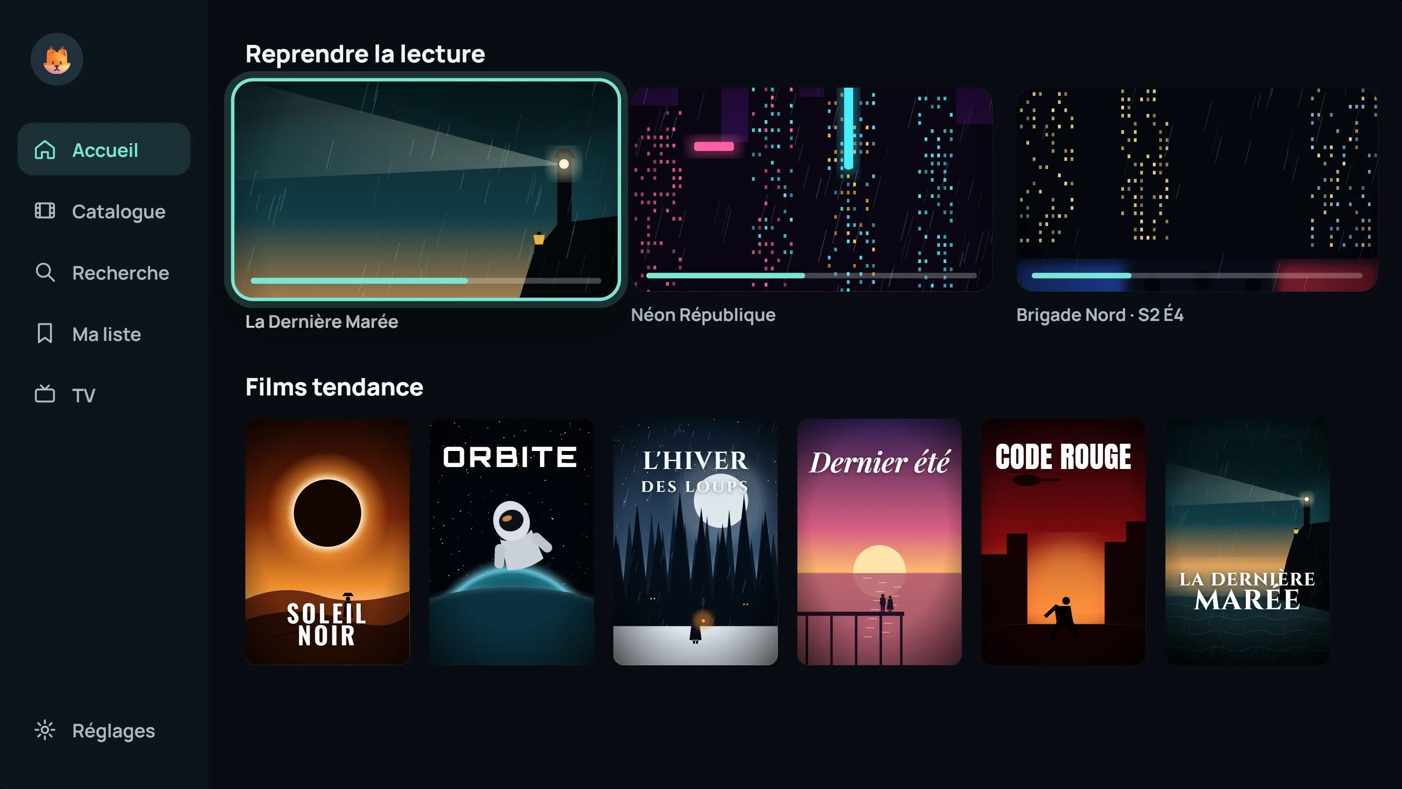 Accueil de ModelTV sur un téléviseur : reprise de la lecture et films tendance