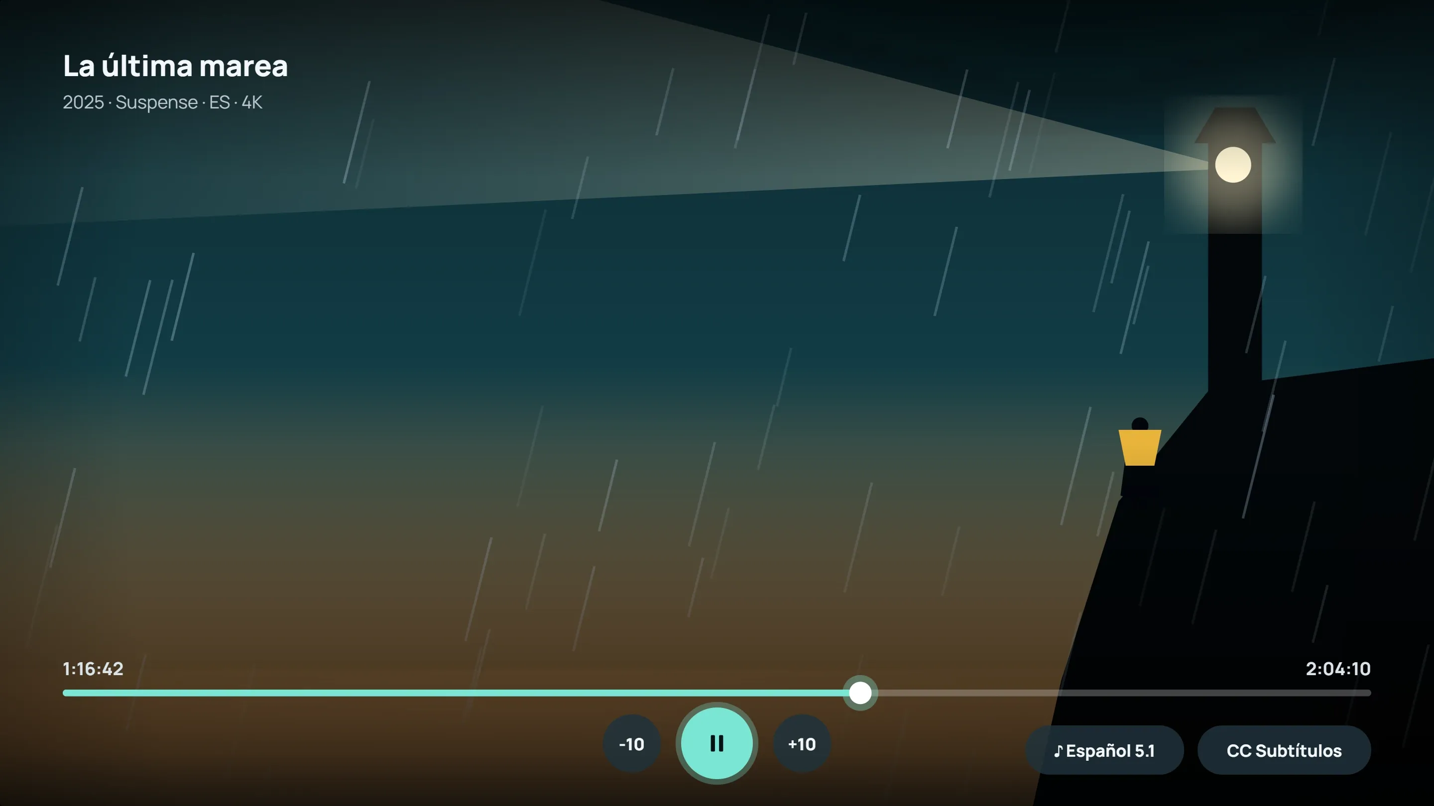 Reproductor a pantalla completa con barra de progreso, pistas de audio y subtítulos